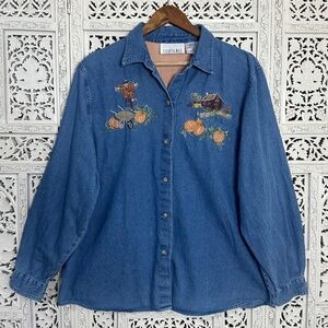 Vintage Fall Theme Pumkin Cottagecore Button Up Blouse Sz XL